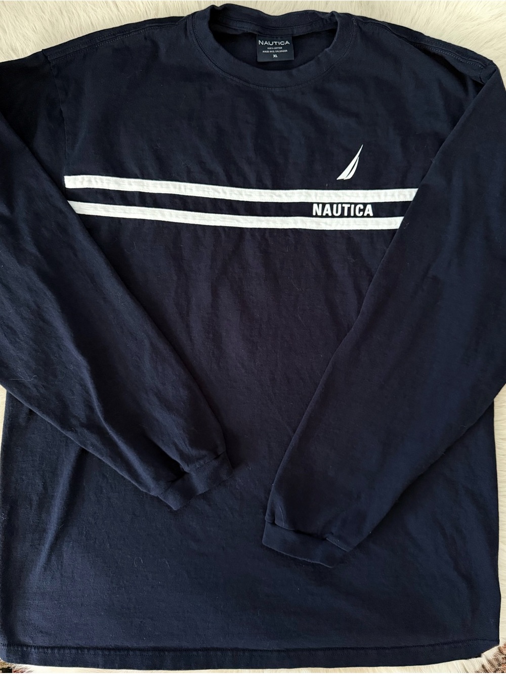 Nautica - Vintage 90s Navy Long-Sleeve Crew Shirt with White Stripe Mens XL